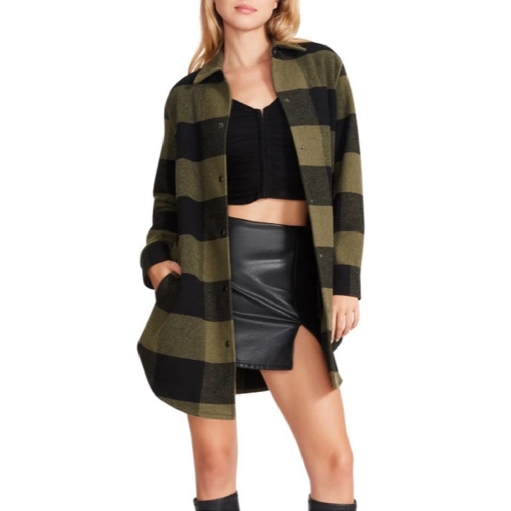 Steve Madden Shacket eldridge plaid sage green black snap longline shirt jacket